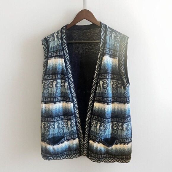 Peruvian Print Blue White Wool Vest Pockets Size M Unisex.       Jj - Picture 1 of 4